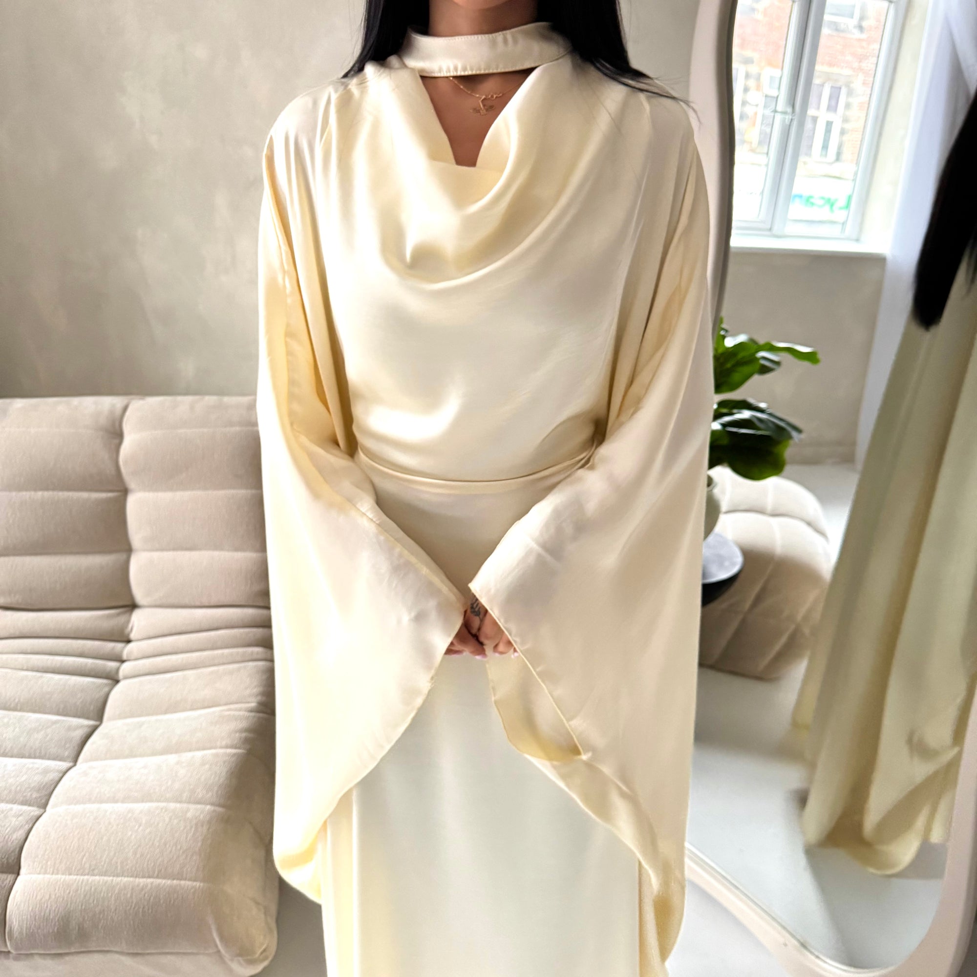 Vanity Cream Choker Cowl Neck Tie Back Kaftan Dress – House Of Haniya