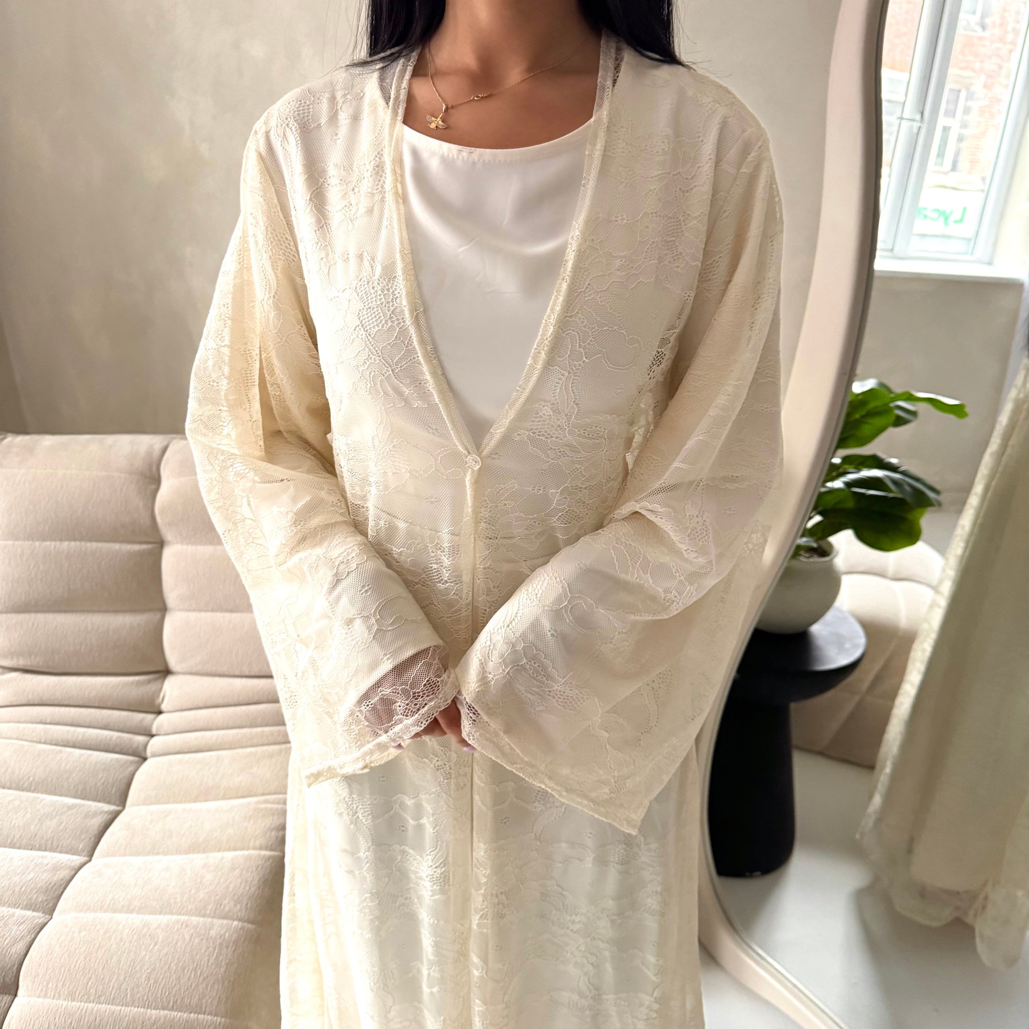 Fria Cream Lace Abaya Modest 2pcs Set