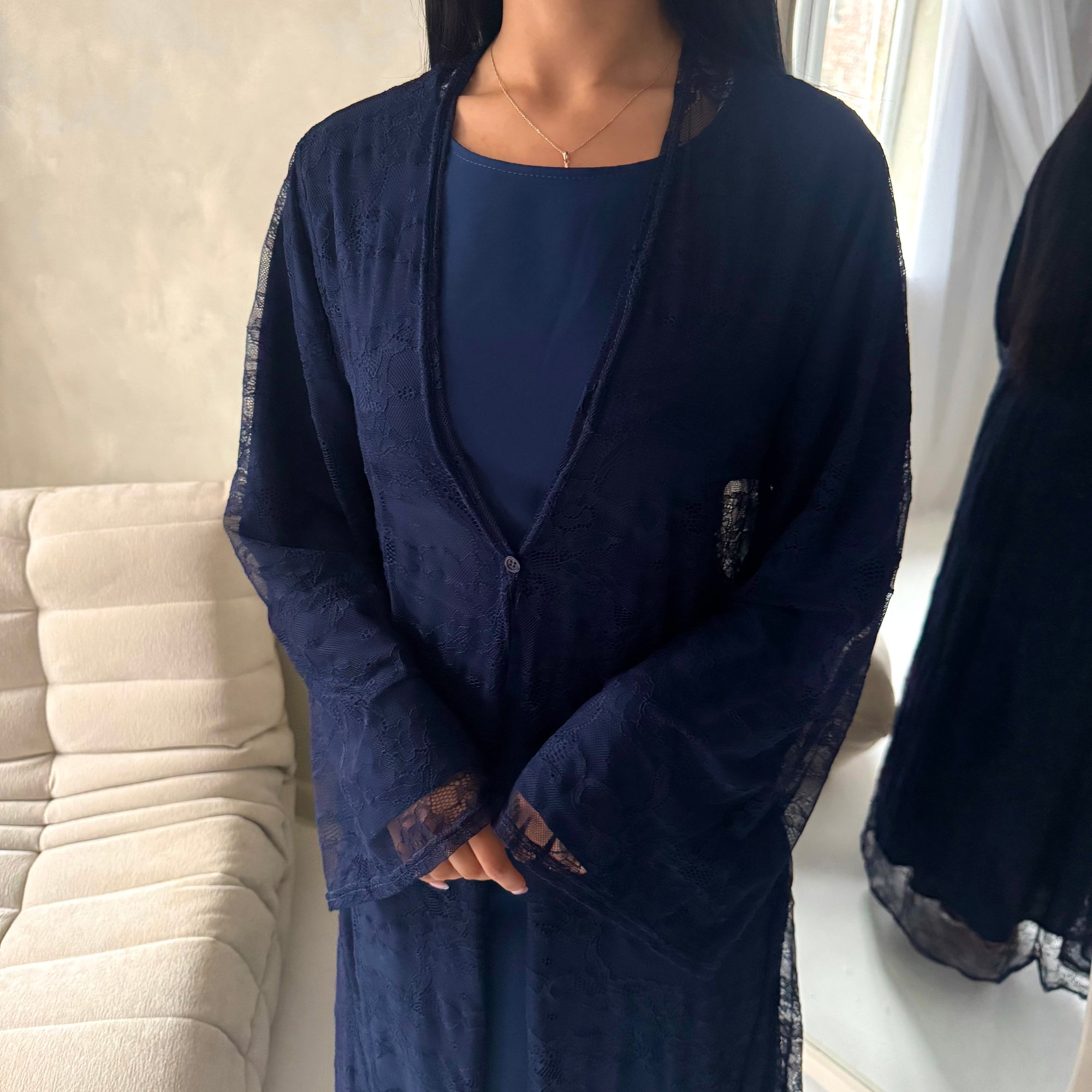 Fria Navy Lace Abaya Modest 2pcs Set