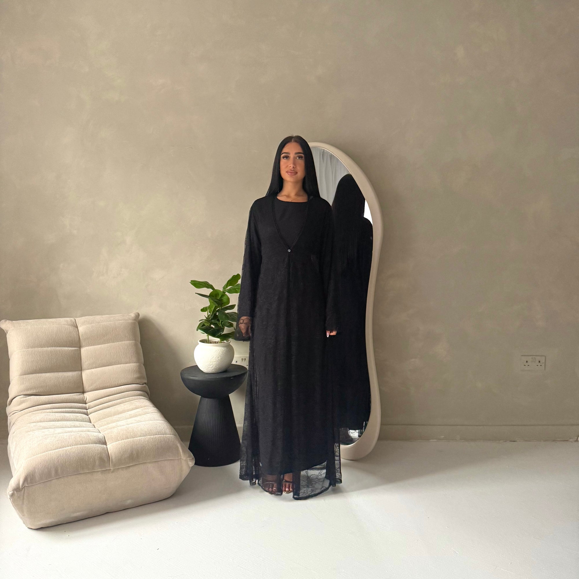 Fria Black Lace Abaya Modest 2pcs Set