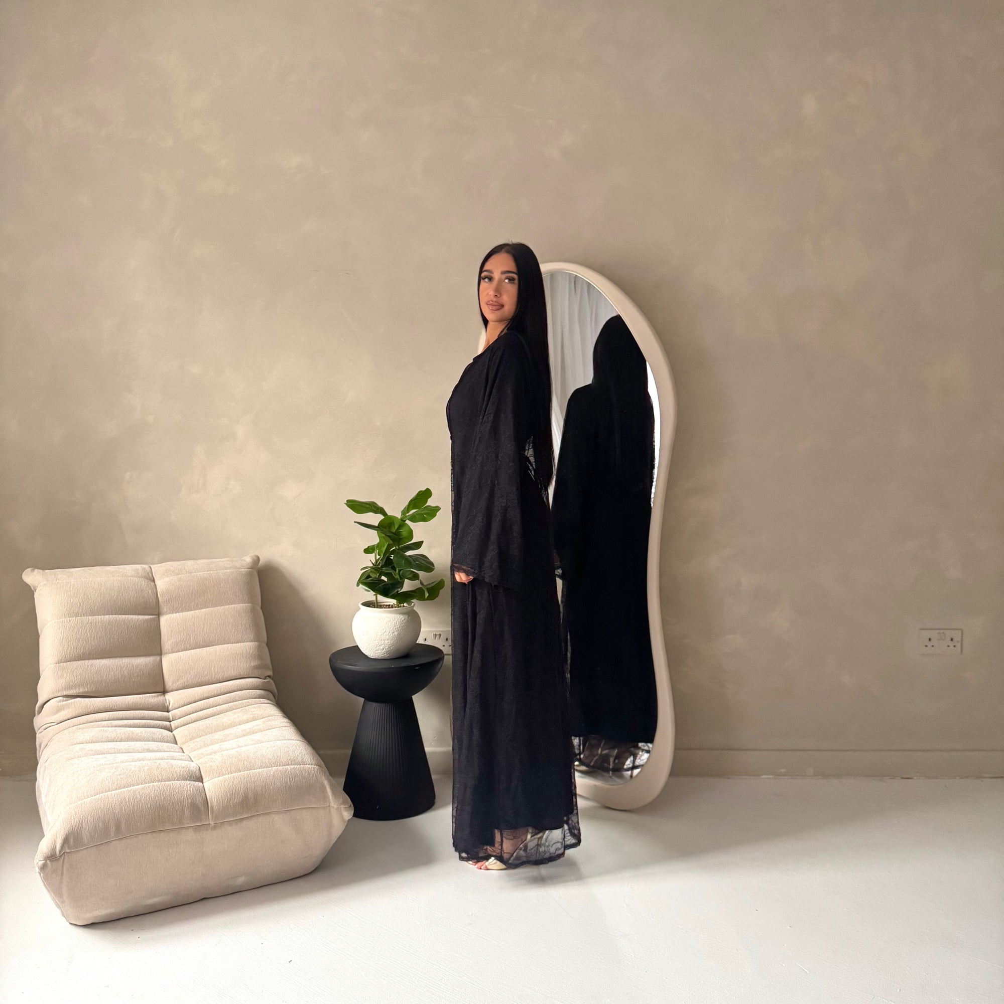 Fria Black Lace Abaya Modest 2pcs Set