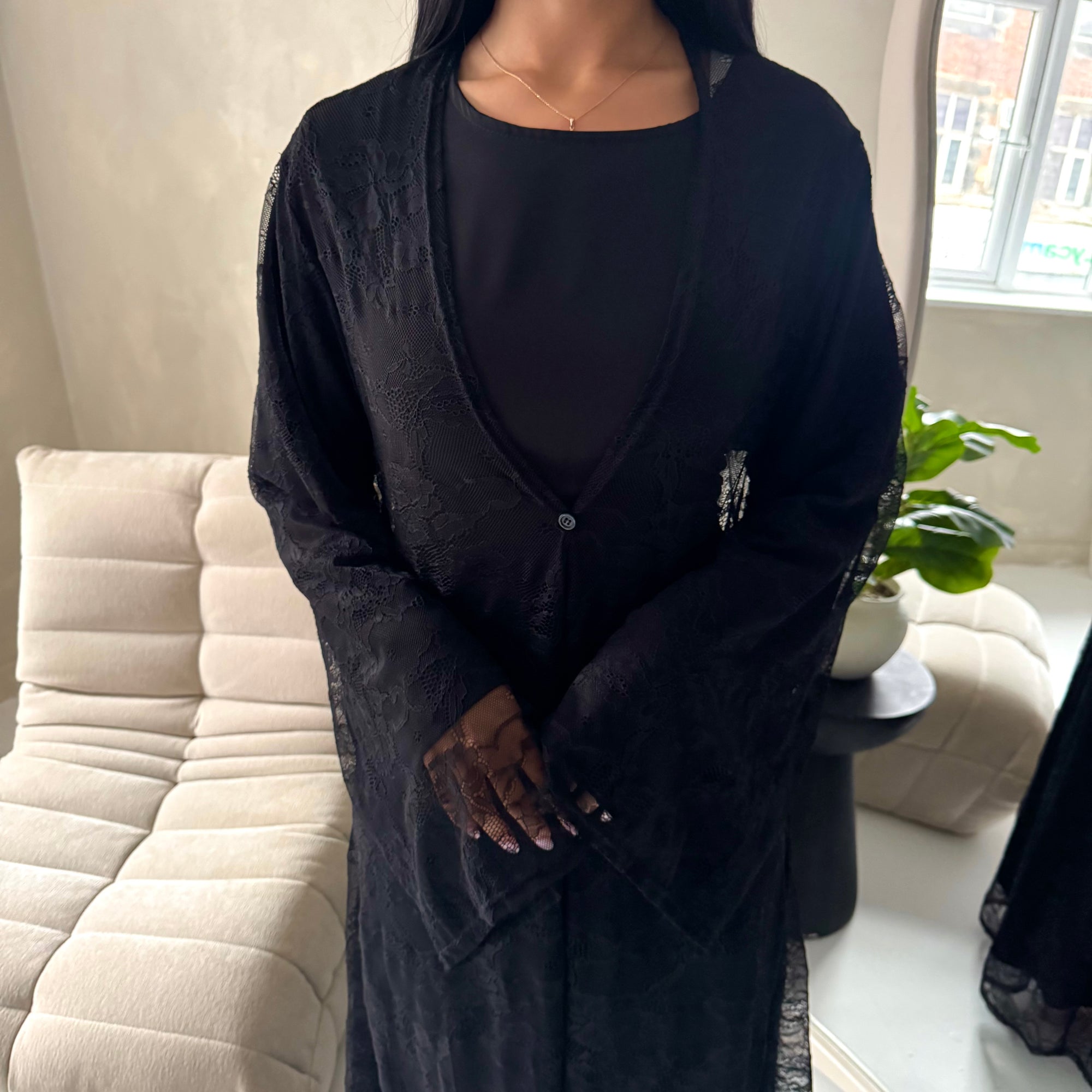 Fria Black Lace Abaya Modest 2pcs Set