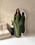 Sala Khaki Lace Detail V Neck Modest Kaftan Dress