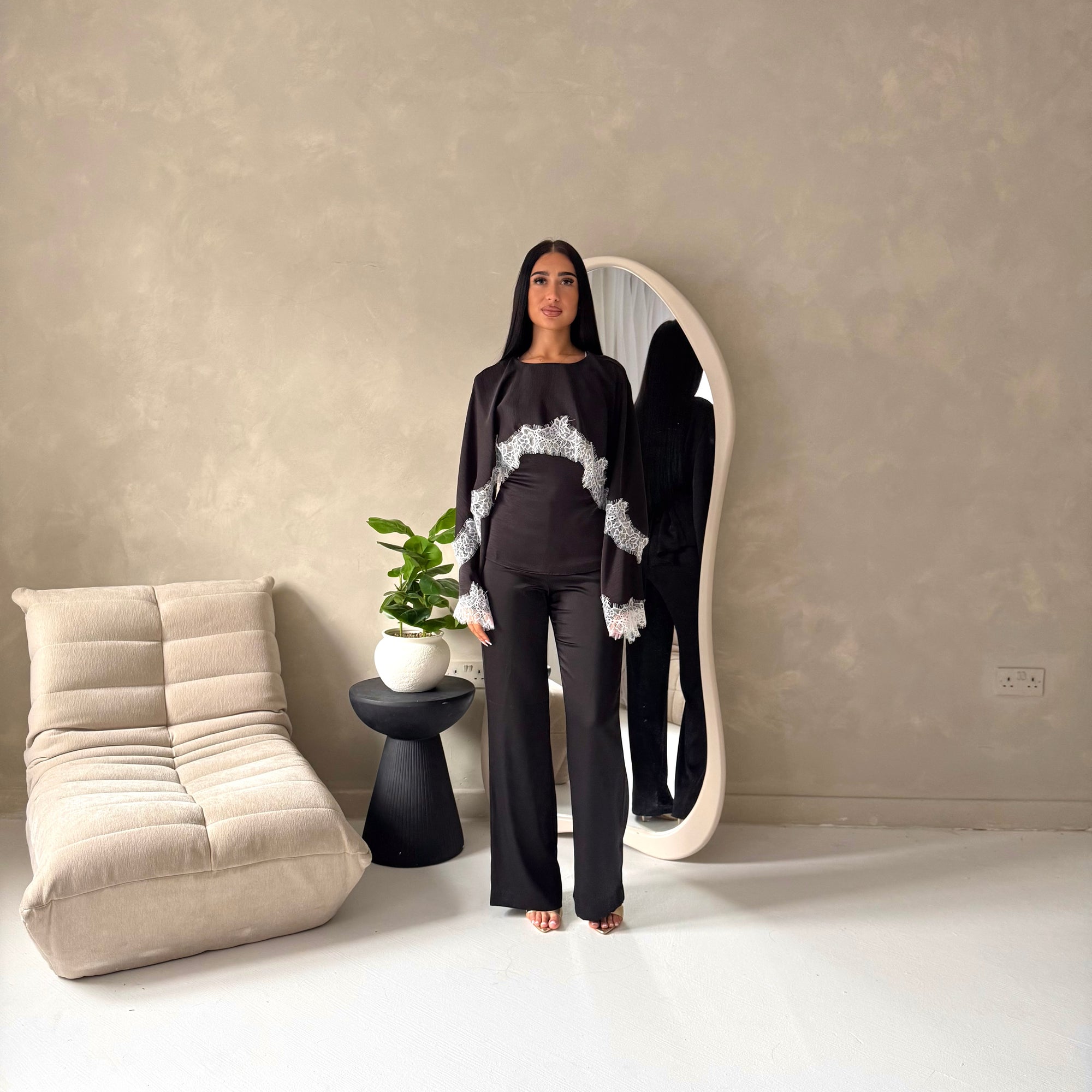 Siria Black With White Lace Trim Cape Elegant Top
