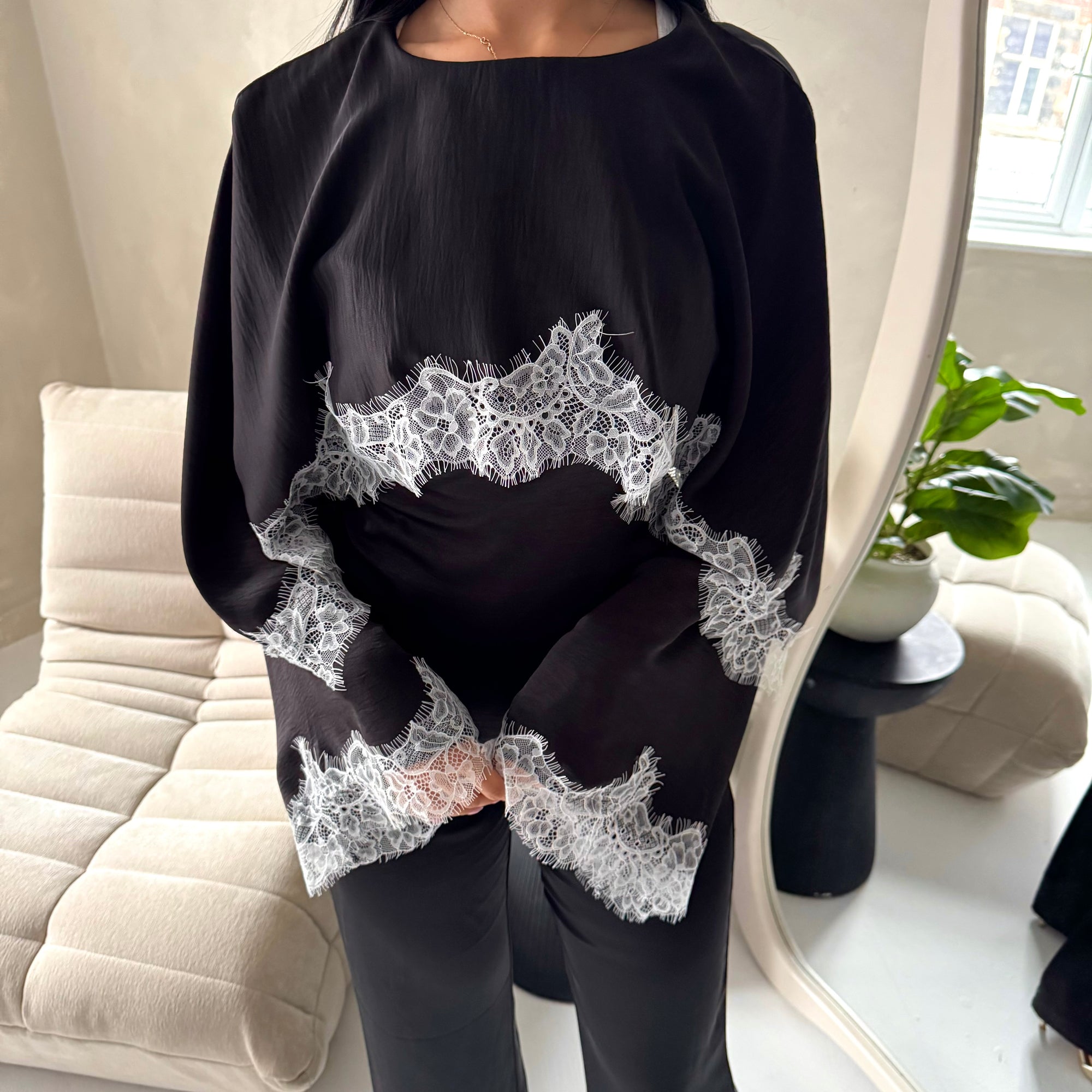 Siria Black With White Lace Trim Cape Elegant Top