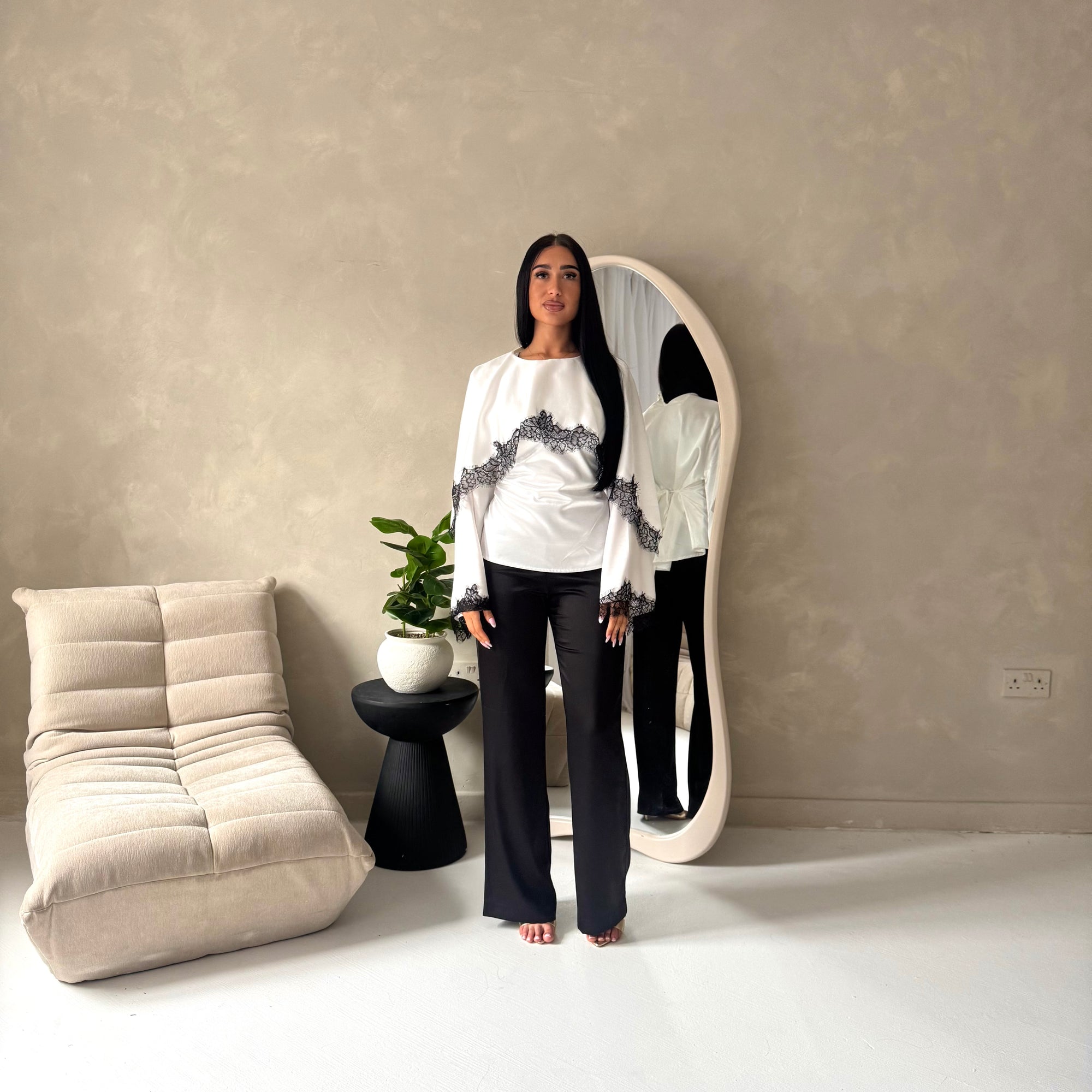 Siria White With Black Lace Trim Cape Elegant Top