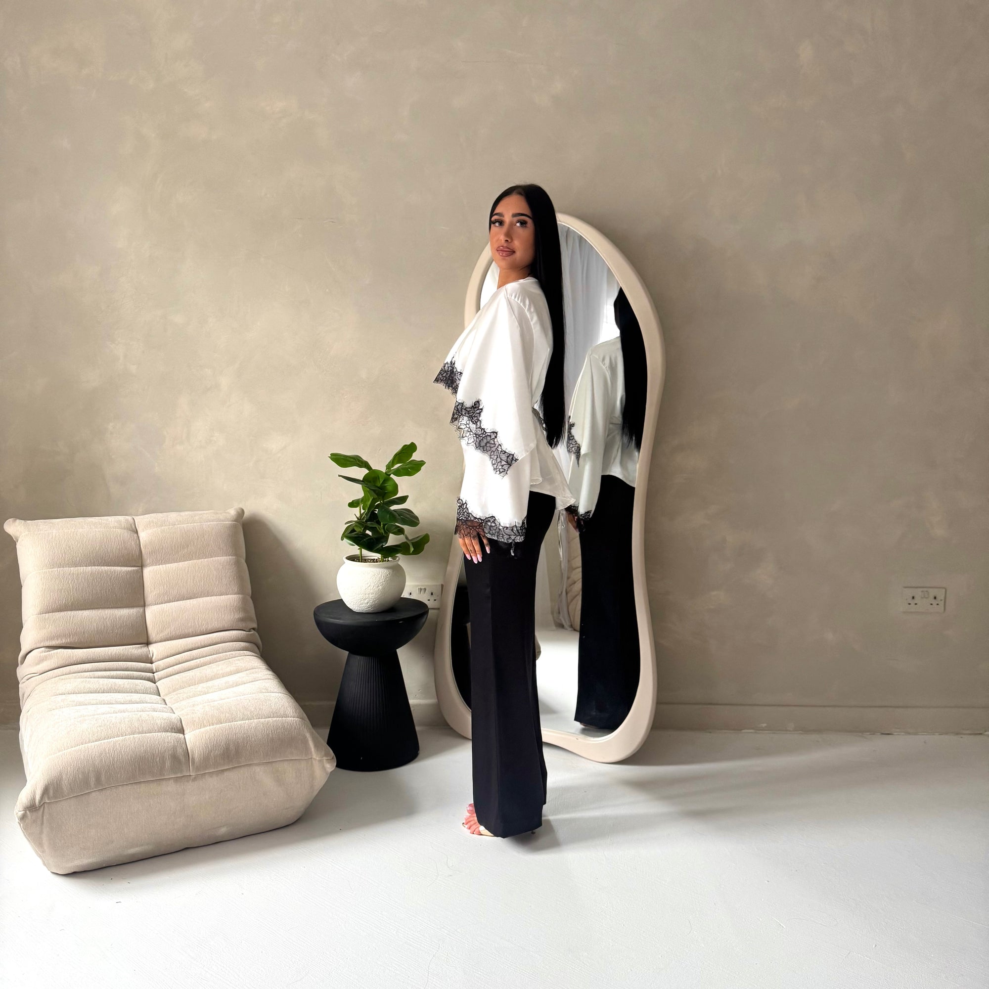 Siria White With Black Lace Trim Cape Elegant Top