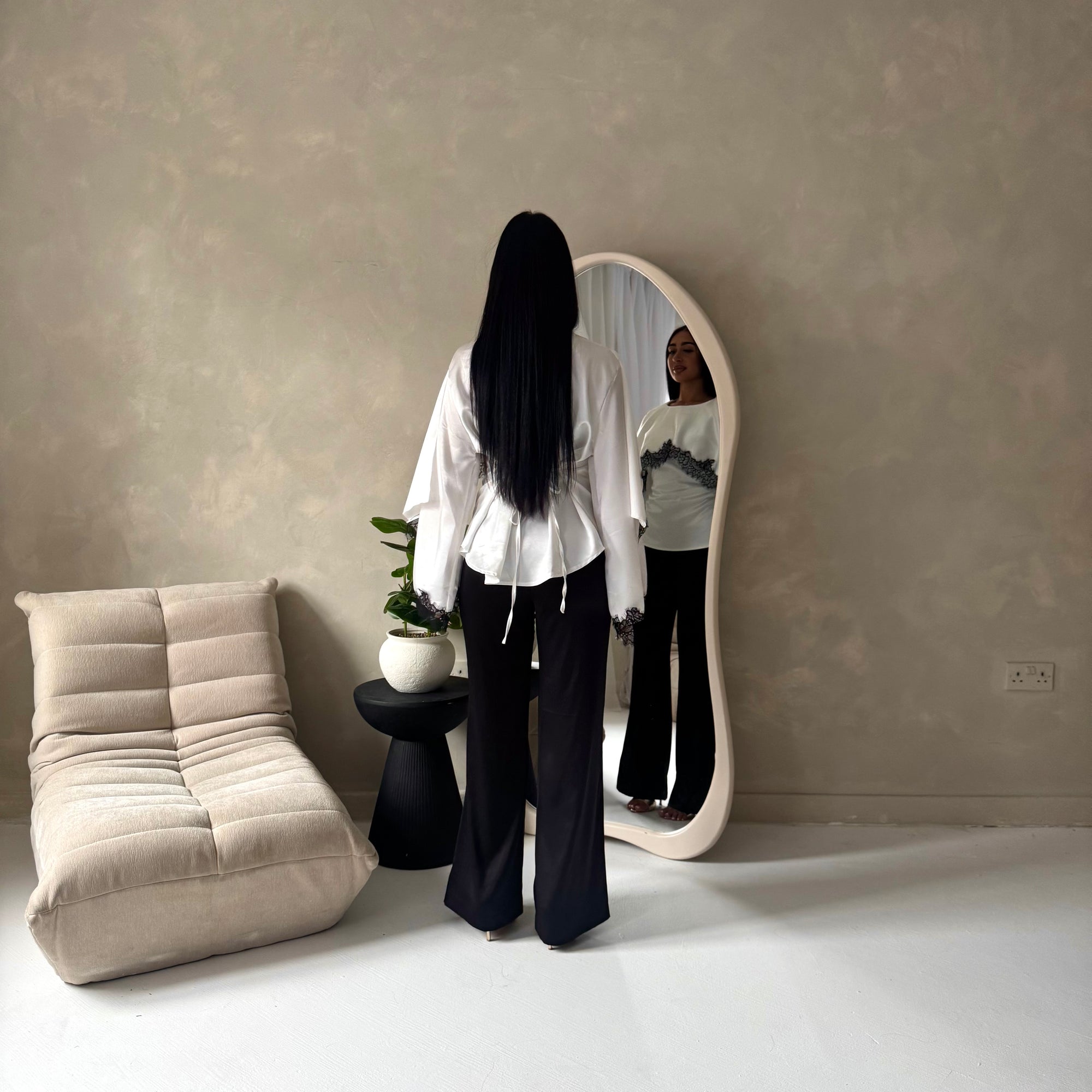 Siria White With Black Lace Trim Cape Elegant Top