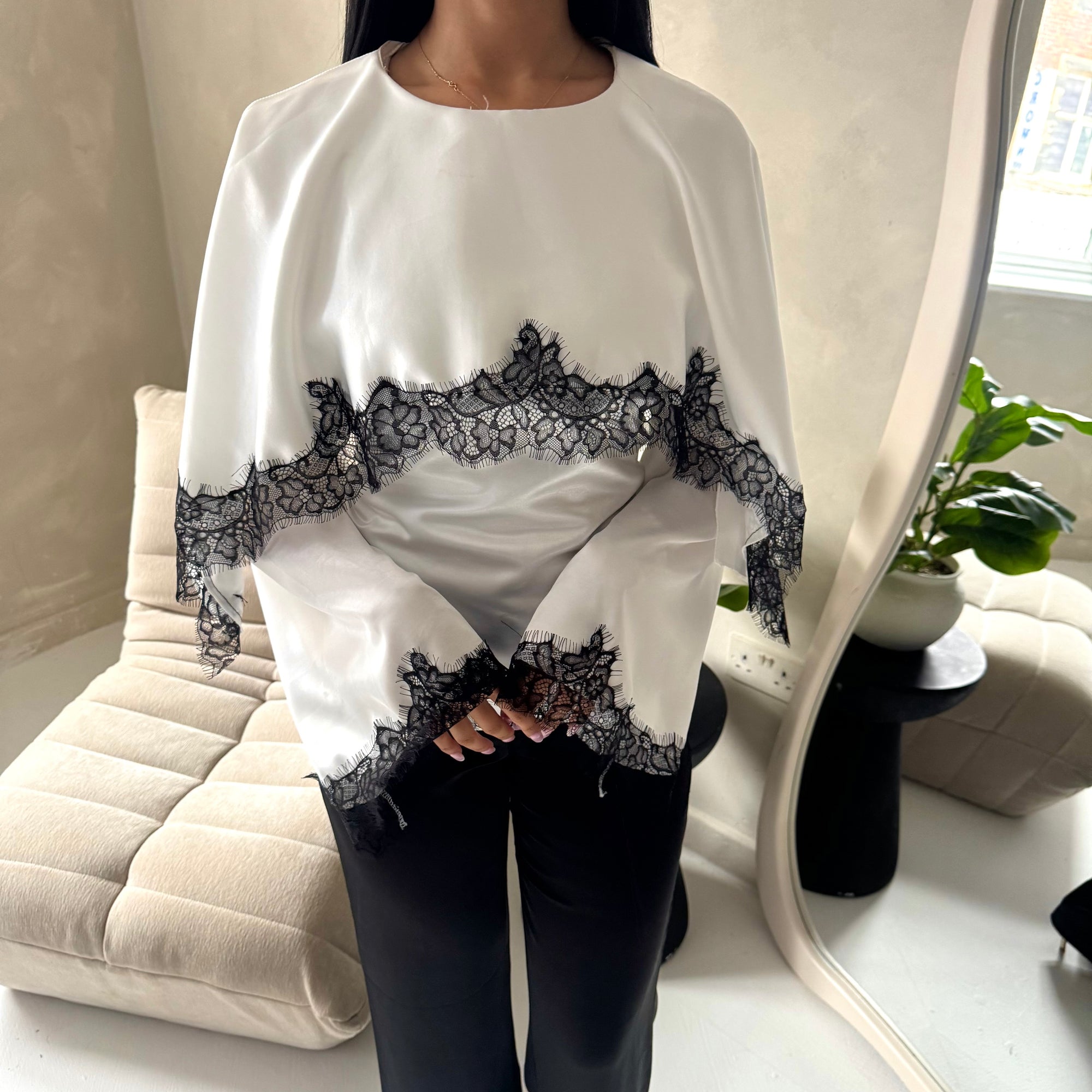 Siria White With Black Lace Trim Cape Elegant Top