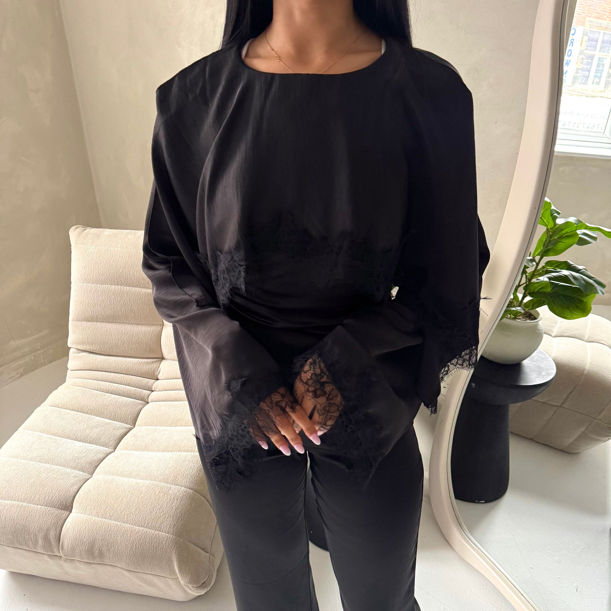 Siria Black Lace Trim Cape Elegant Top