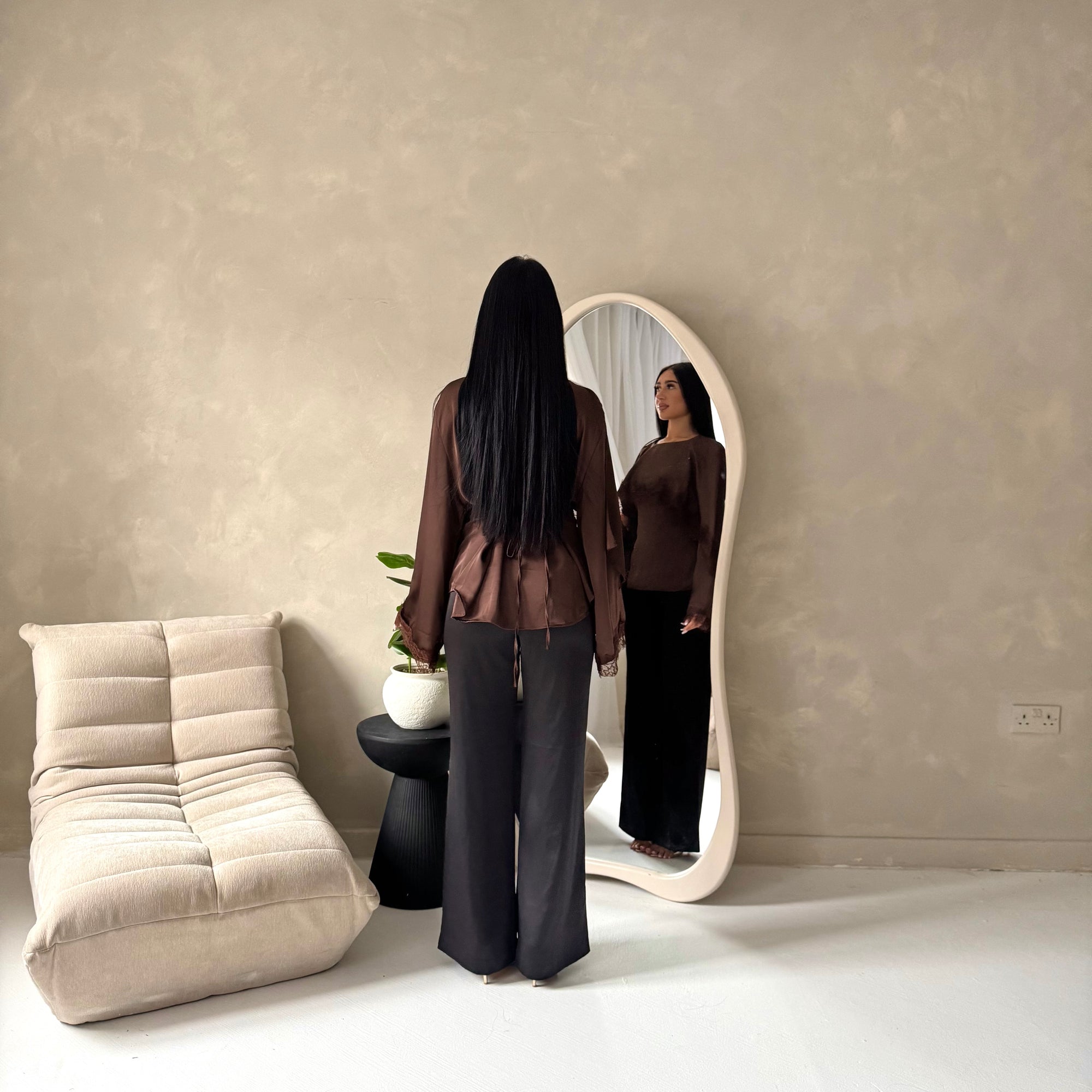 Siria Brown Lace Trim Cape Elegant Top