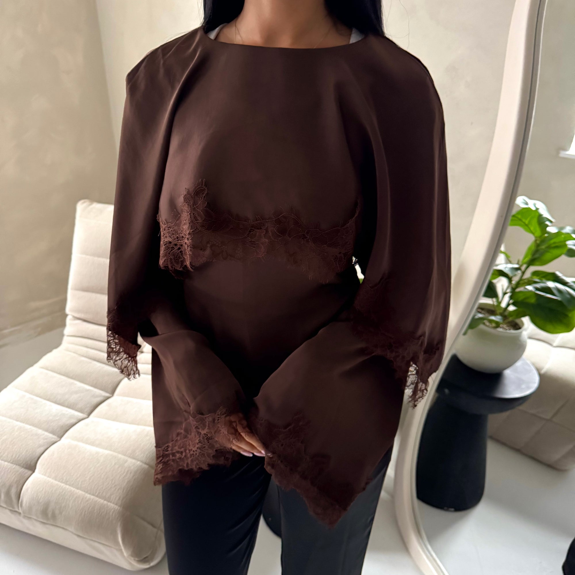 Siria Brown Lace Trim Cape Elegant Top