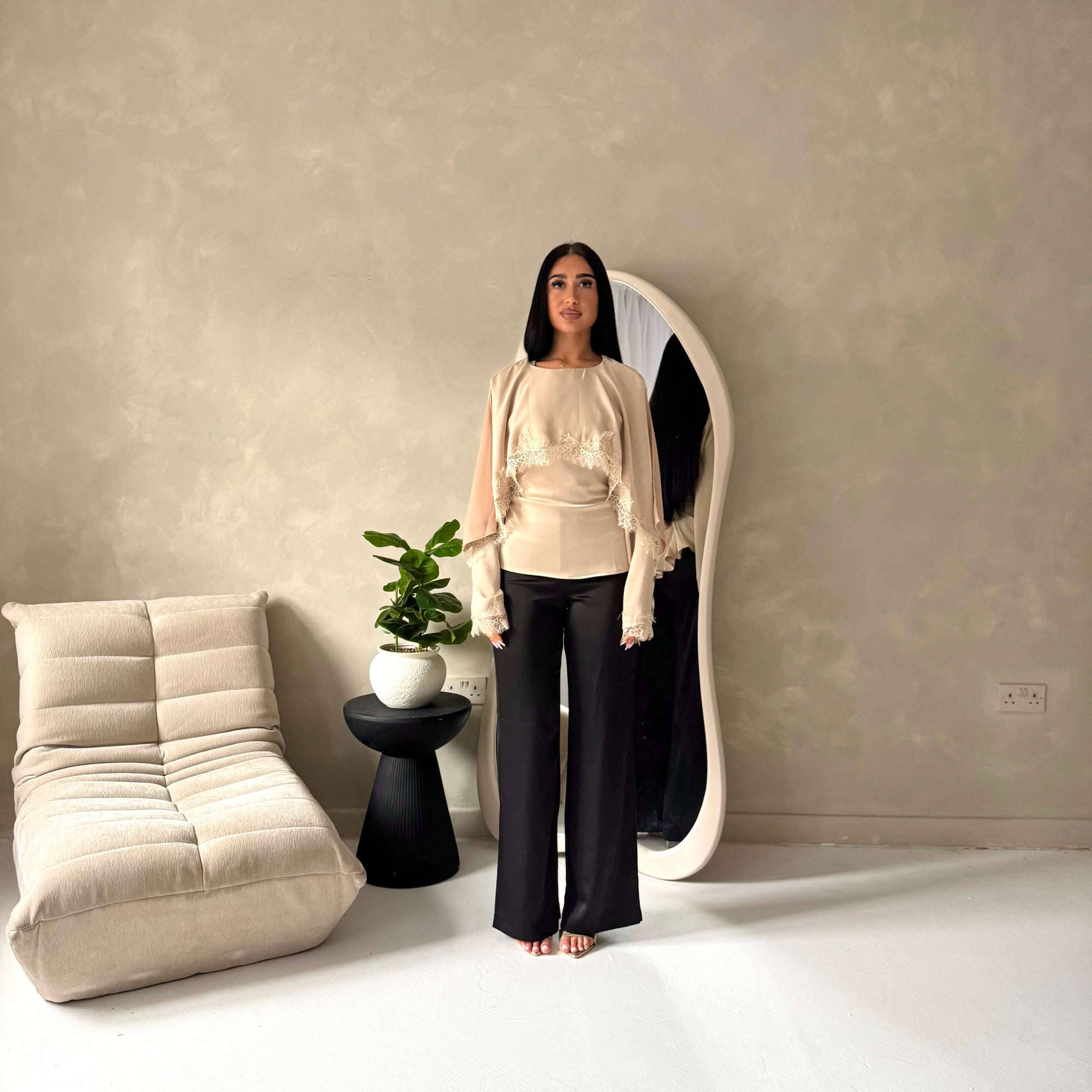 Siria Beige Lace Trim Cape Elegant Top