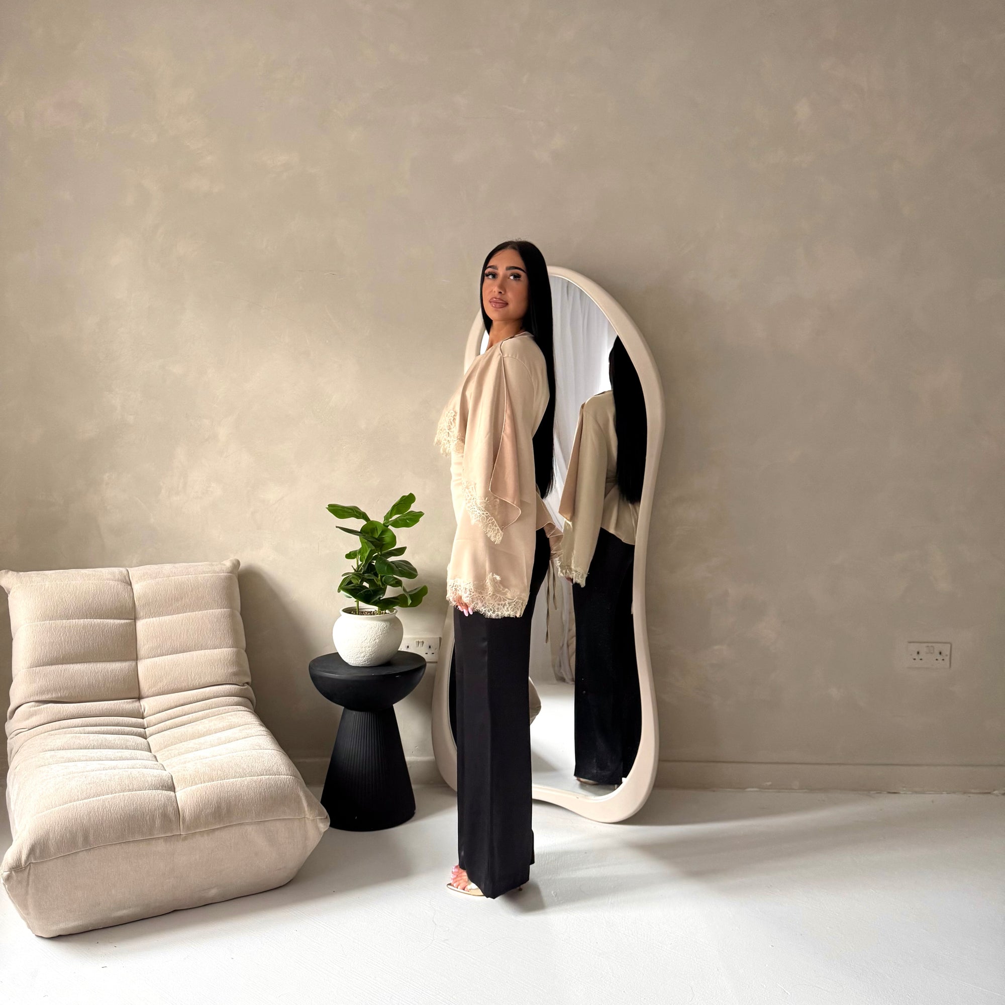 Siria Beige Lace Trim Cape Elegant Top