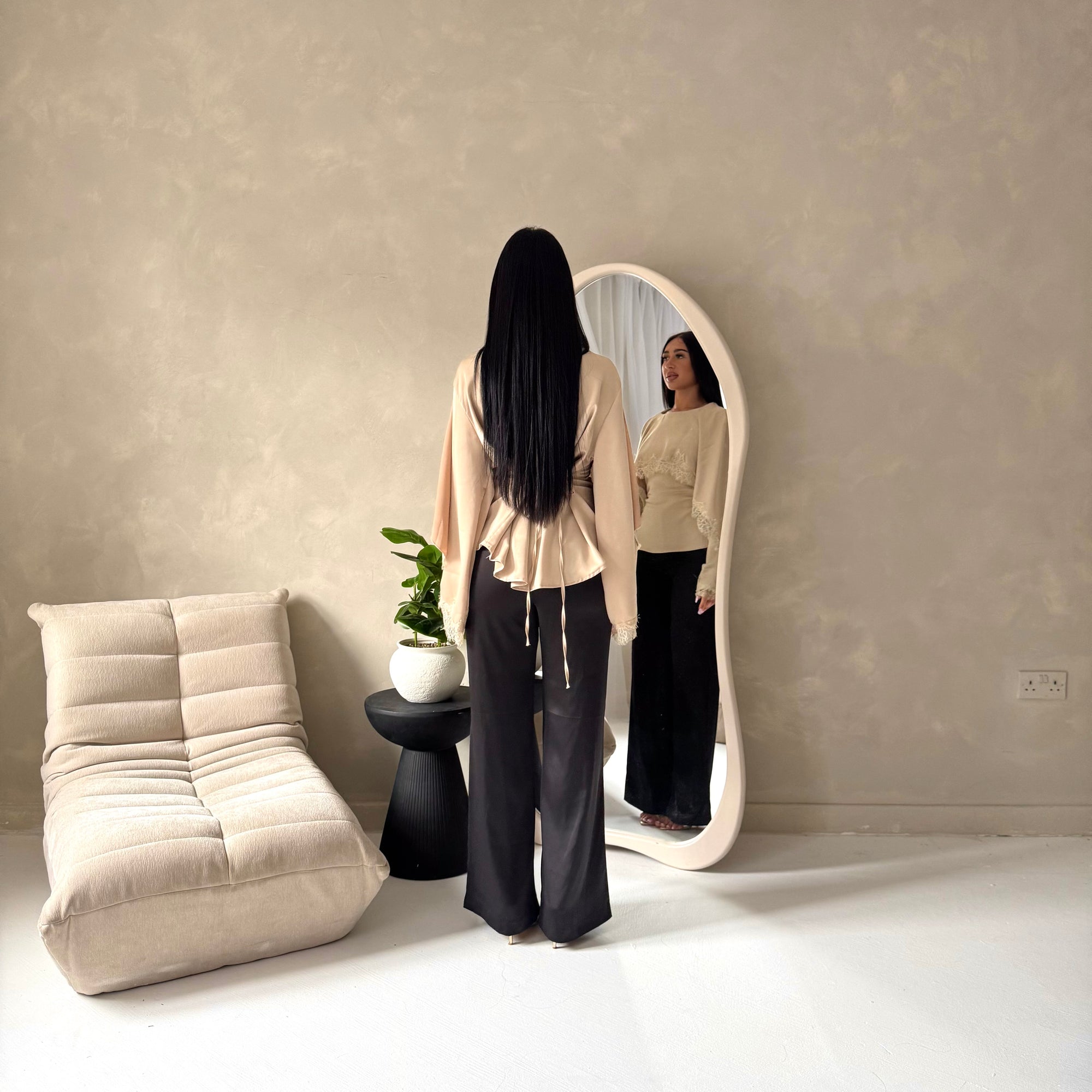 Siria Beige Lace Trim Cape Elegant Top