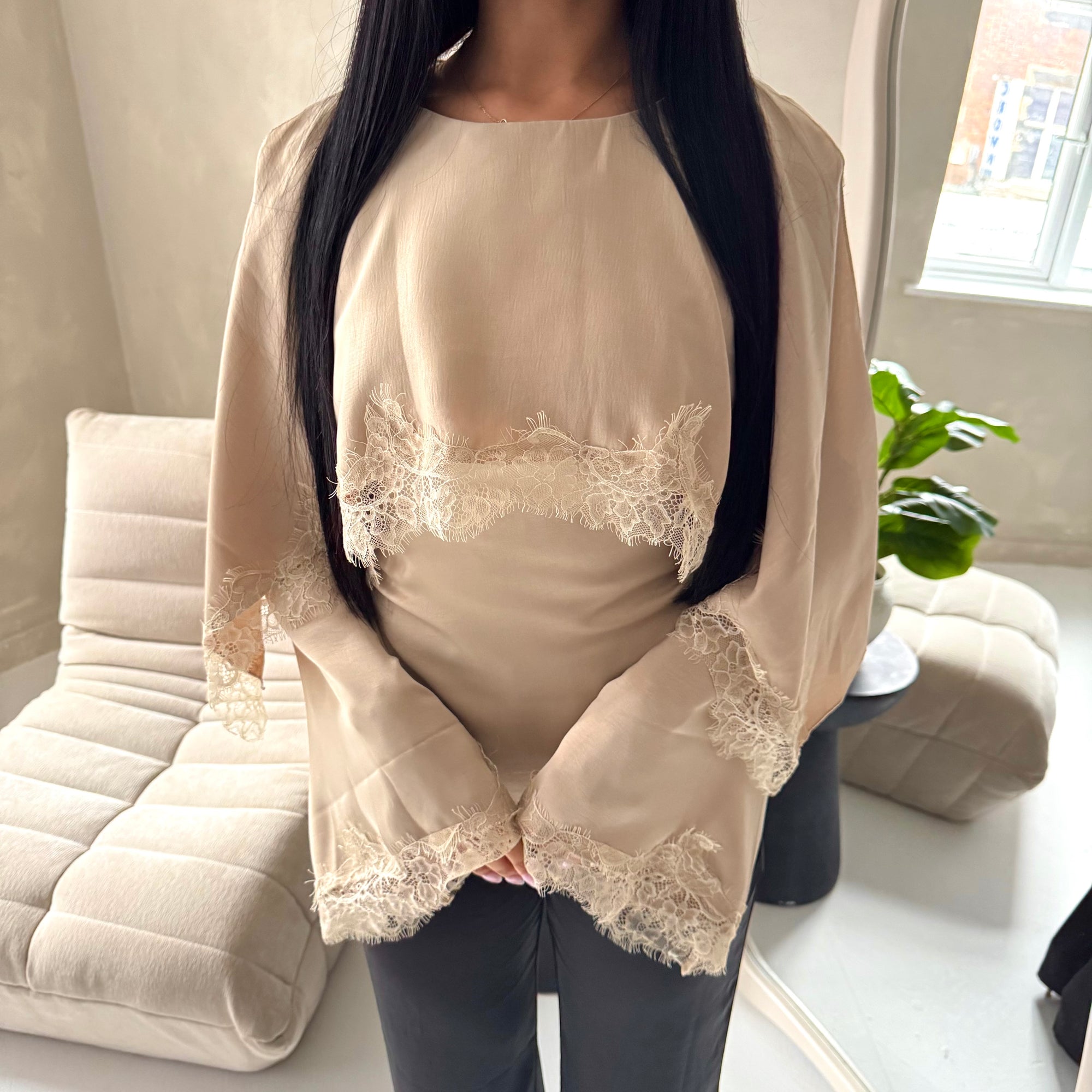 Siria Beige Lace Trim Cape Elegant Top