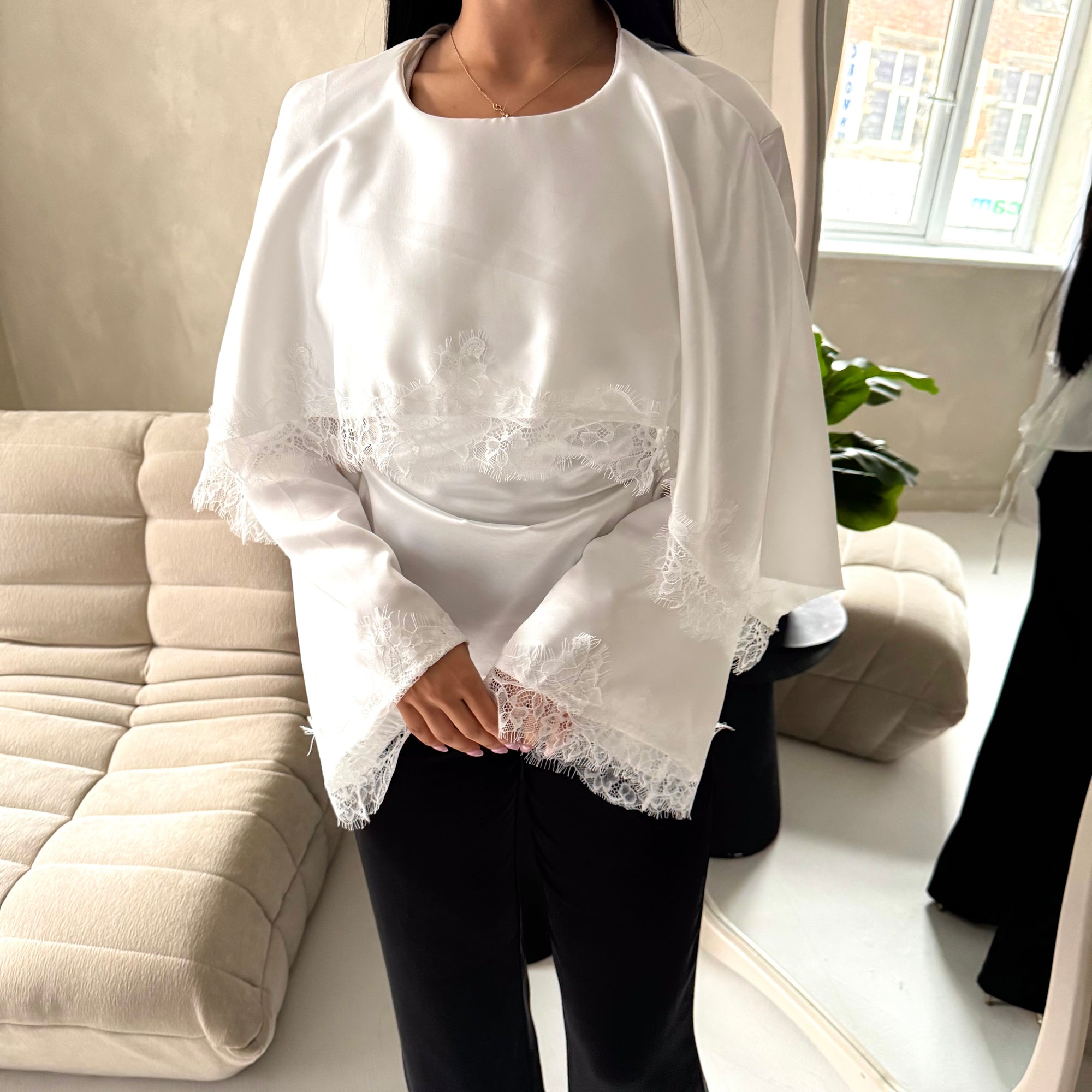 Siria White Lace Trim Cape Elegant Top