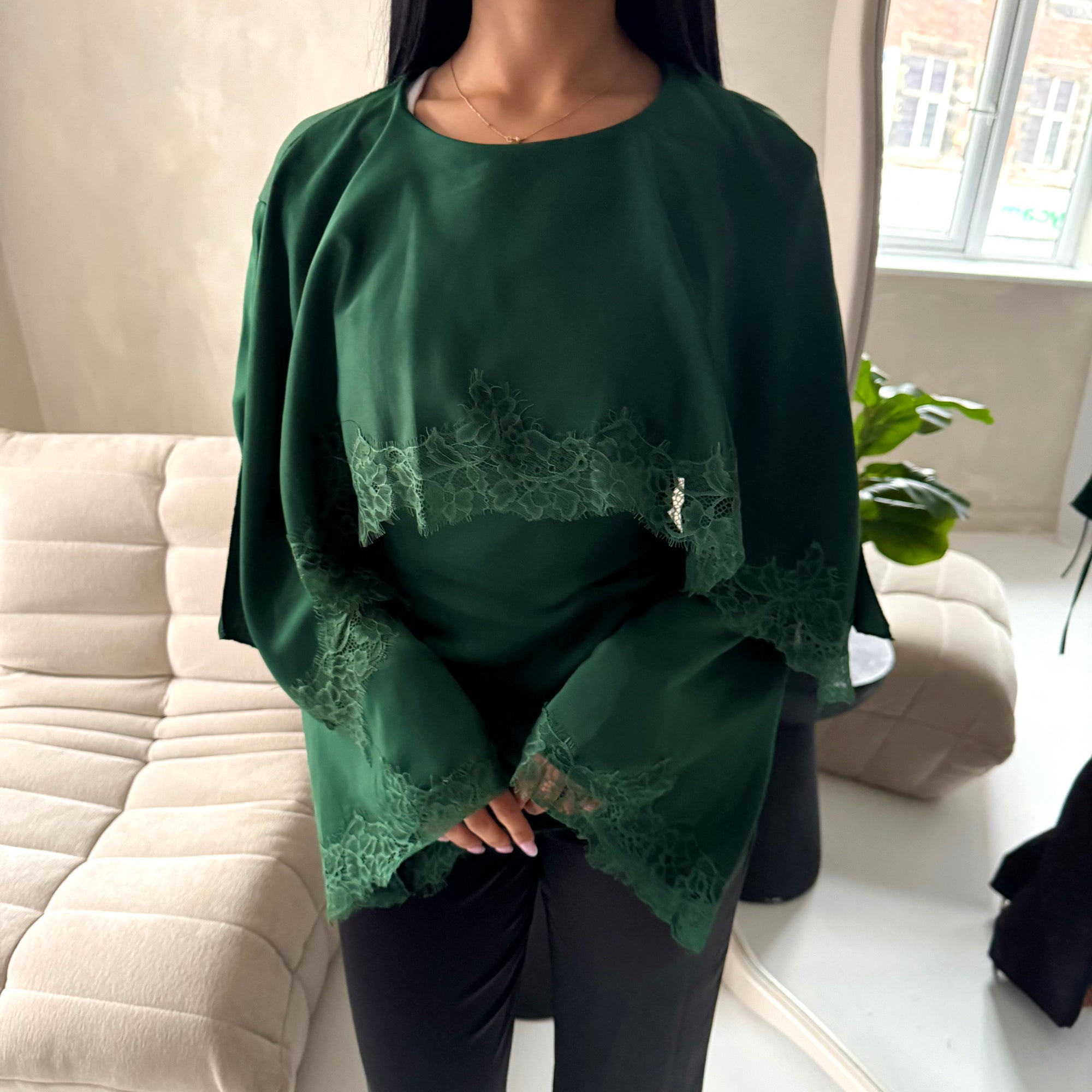 Siria Emerald Green Lace Trim Cape Elegant Top