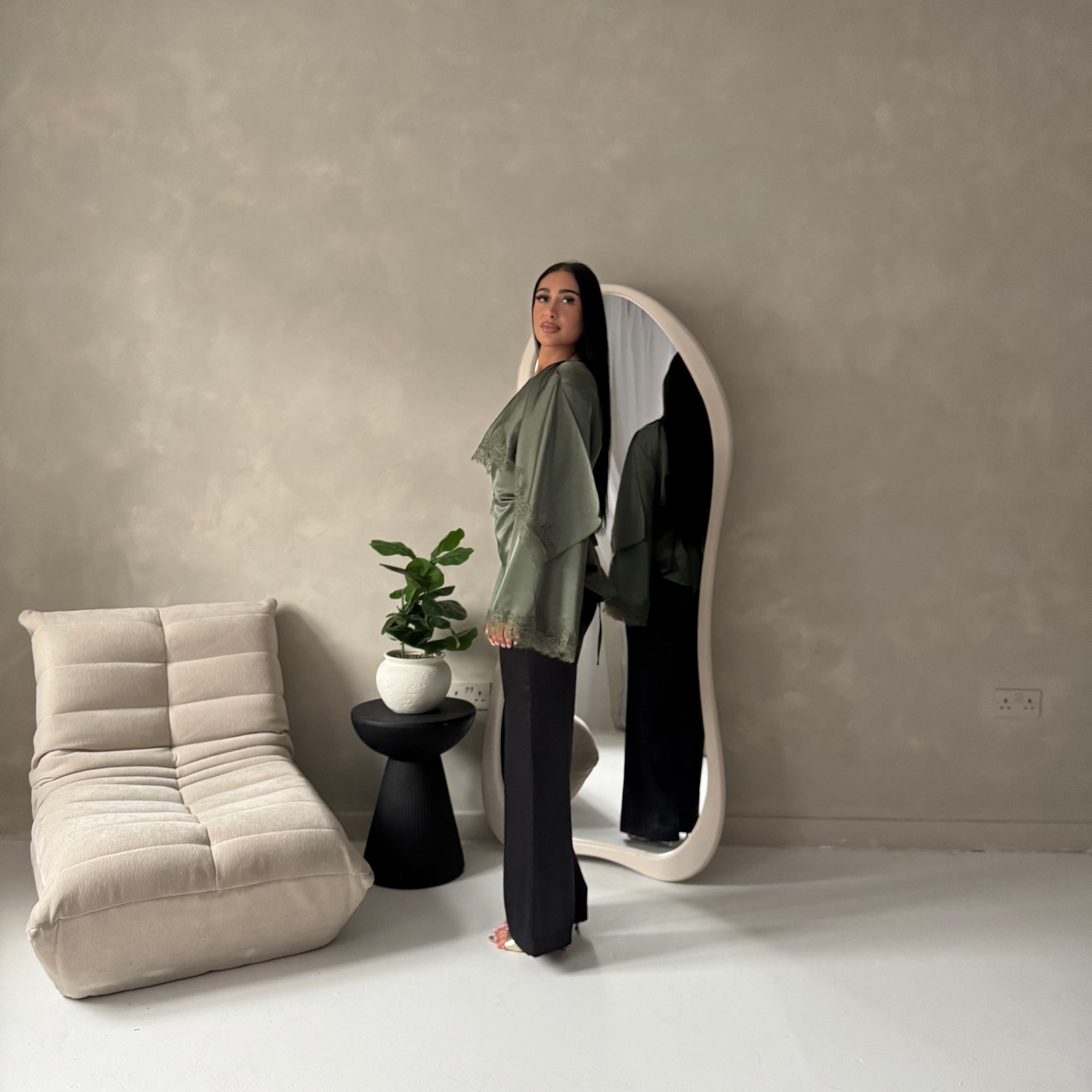 Siria Khaki Lace Trim Cape Elegant Top
