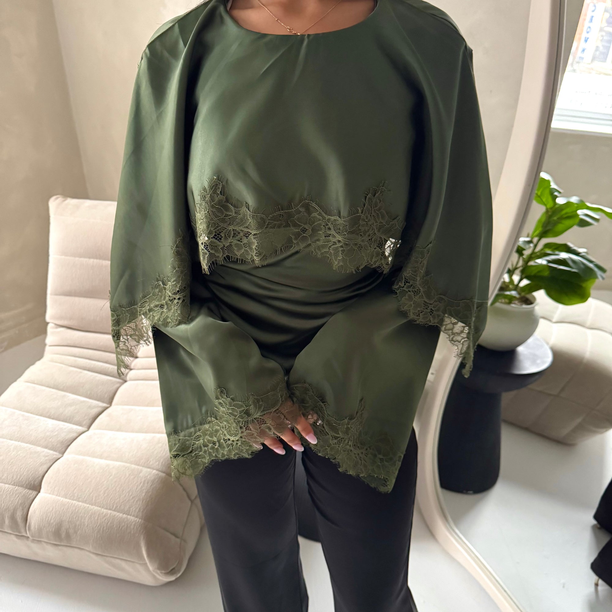 Siria Khaki Lace Trim Cape Elegant Top