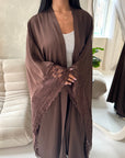 Kajol Brown Lace Detail Open Modest Abaya Jacket