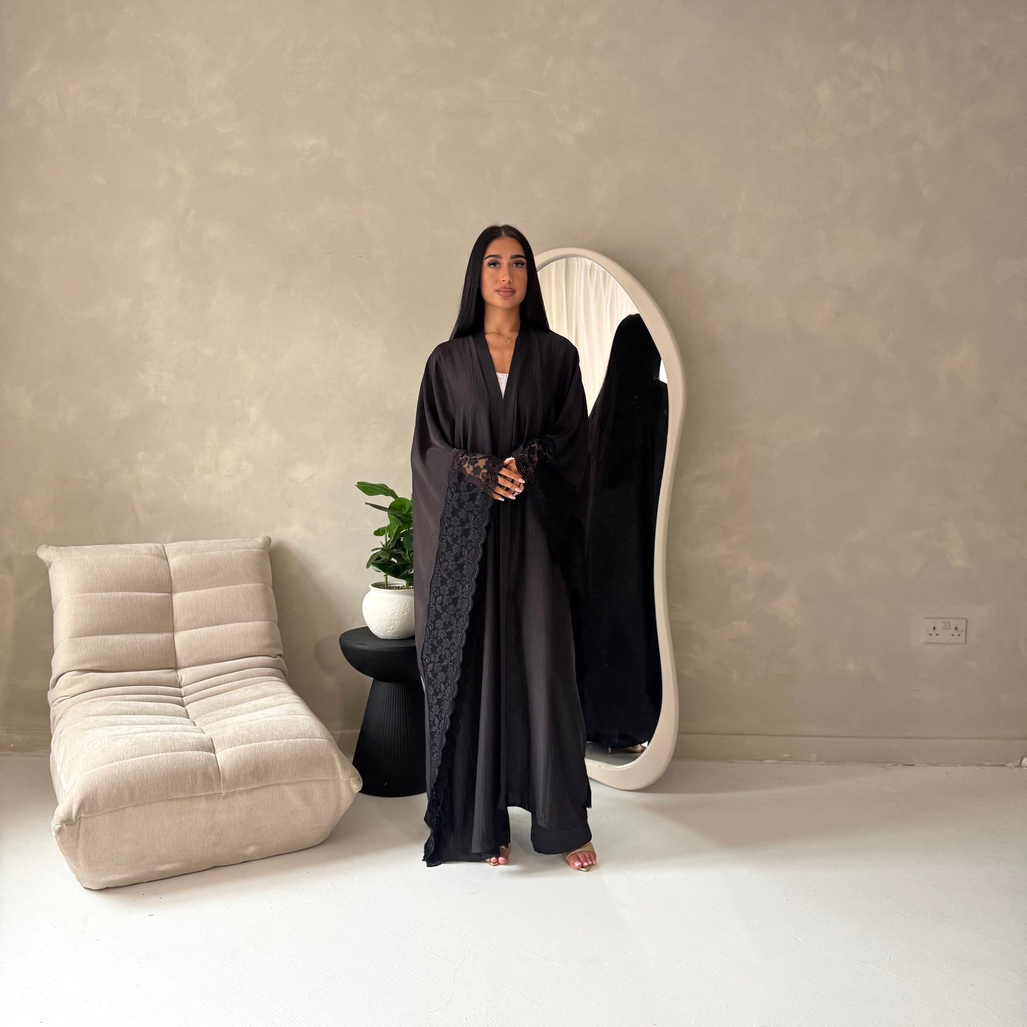 Kajol Black Lace Detail Open Modest Abaya Jacket