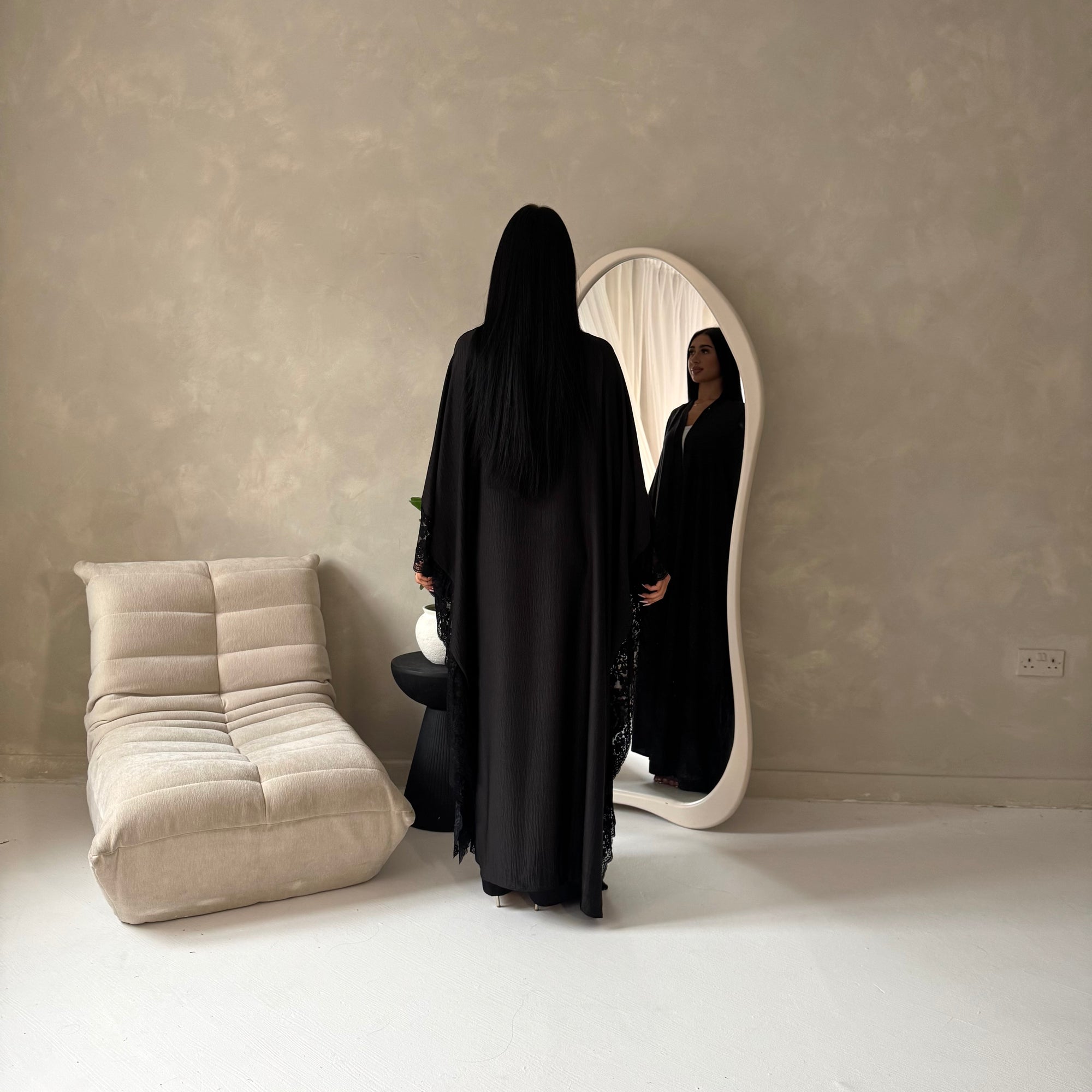 Kajol Black Lace Detail Open Modest Abaya Jacket