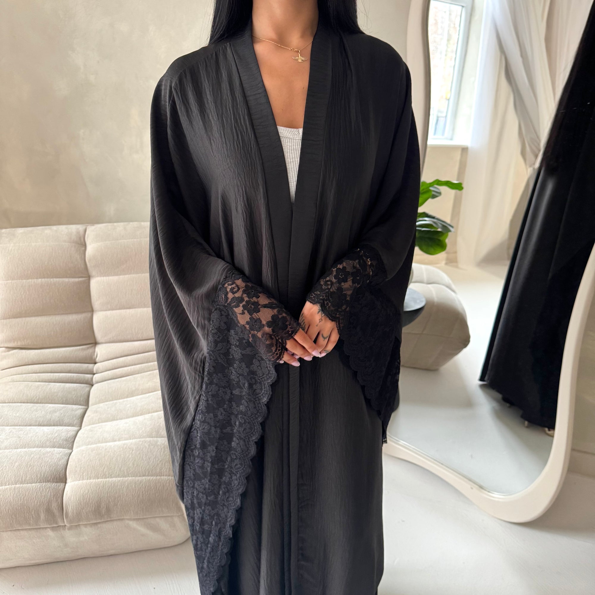 Kajol Black Lace Detail Open Modest Abaya Jacket