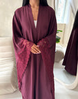Kajol Wine Lace Detail Open Modest Abaya Jacket