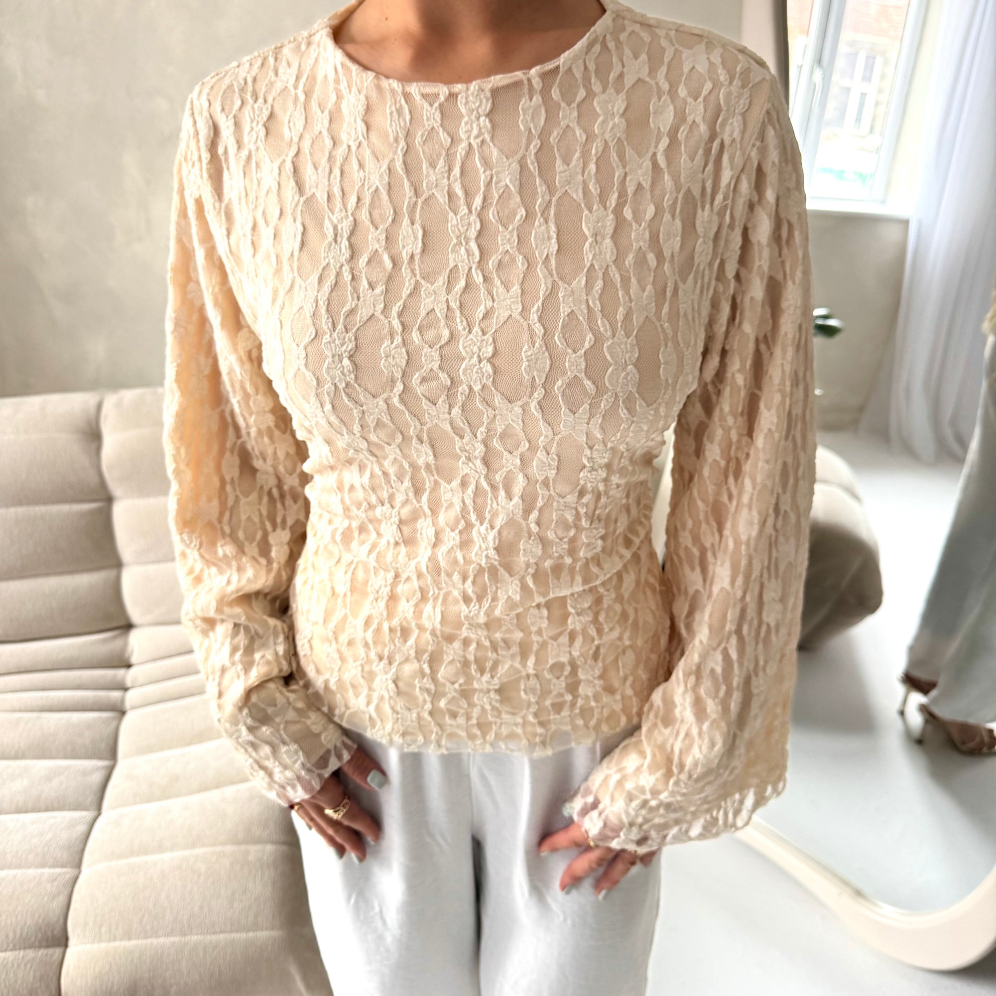 Mara Beige Floral Mesh Lace Lined Summer Tie Back Top