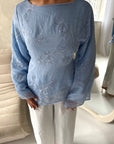 Mila Blue Mesh Floral Embroidered Tie Back Asymmetrical Top