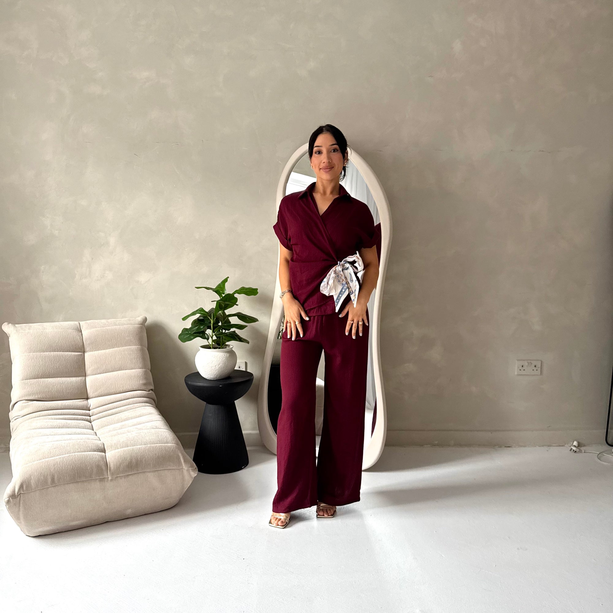 Eisi Wine V Neck Wrap Printed Tie Trouser Co Ord Set