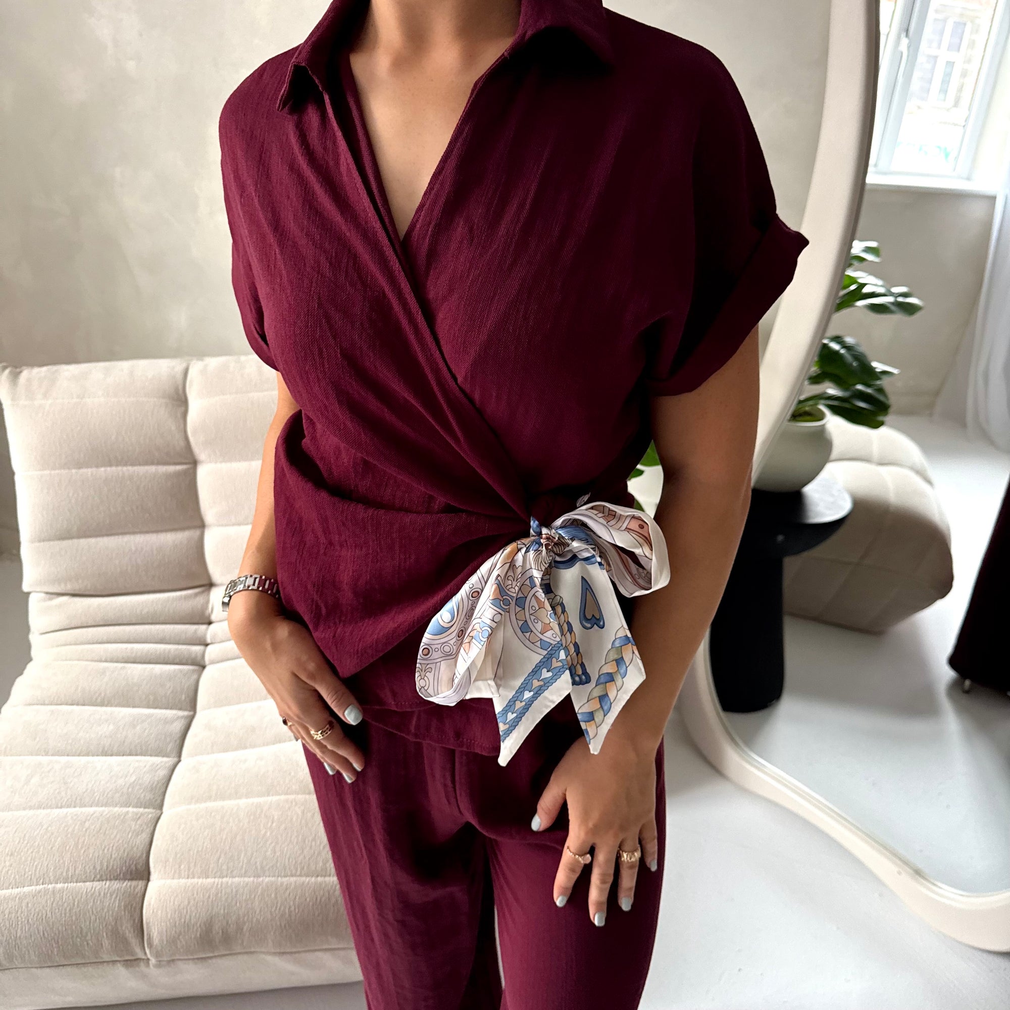 Eisi Wine V Neck Wrap Printed Tie Trouser Co Ord Set