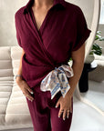 Eisi Wine V Neck Wrap Printed Tie Trouser Co Ord Set