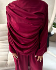 Maliha Wine Plain Drape Cape Top Trouser Co Ord Set