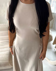 Ori Beige Short Sleeve A Line Tie Back Summer Dress
