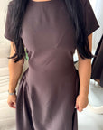 Ori Brown Short Sleeve A Line Tie Back Summer Dress