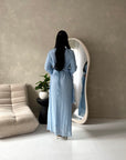 Viva Blue Mesh Floral Extreme Flare Sleeve Dress