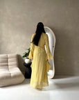 Viva Yellow Mesh Floral Extreme Flare Sleeve Dress