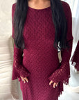 Viva Wine Mesh Floral Extreme Flare Sleeve Dress