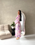 Arwa Purple Floral Side Gather Tie Back Summer Dress