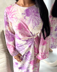 Arwa Purple Floral Side Gather Tie Back Summer Dress