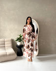Arwa Brown Floral Side Gather Tie Back Summer Dress