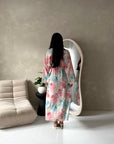 Arwa Blue Floral Side Gather Tie Back Summer Dress