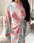 Arwa Blue Floral Side Gather Tie Back Summer Dress
