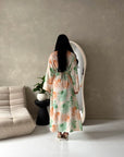 Arwa Orange Floral Side Gather Tie Back Summer Dress