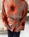 Taya Mocha Floral Side Gather Tie Back Top