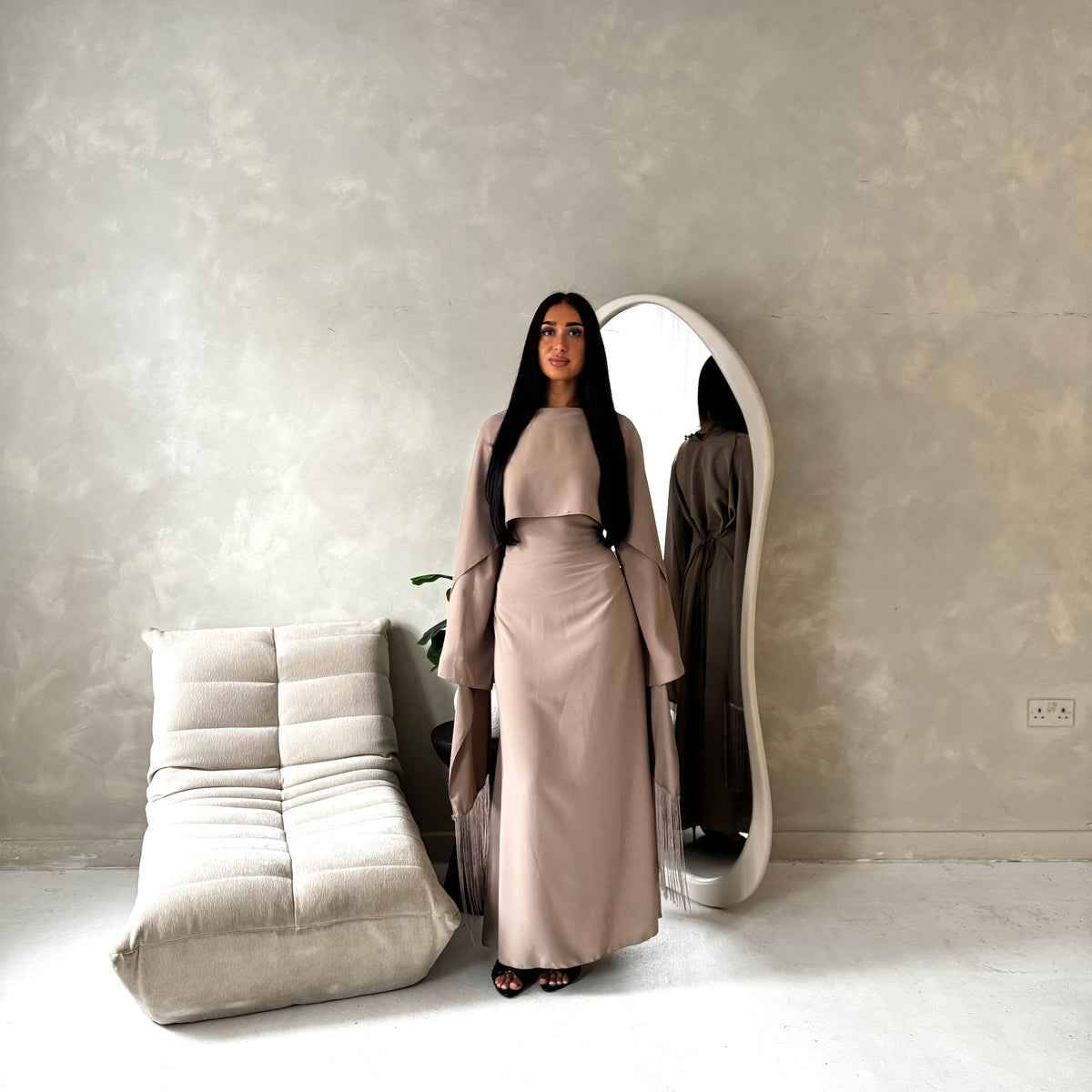 Marli Mocha Tassel Edge Plain Cape Modest Dress