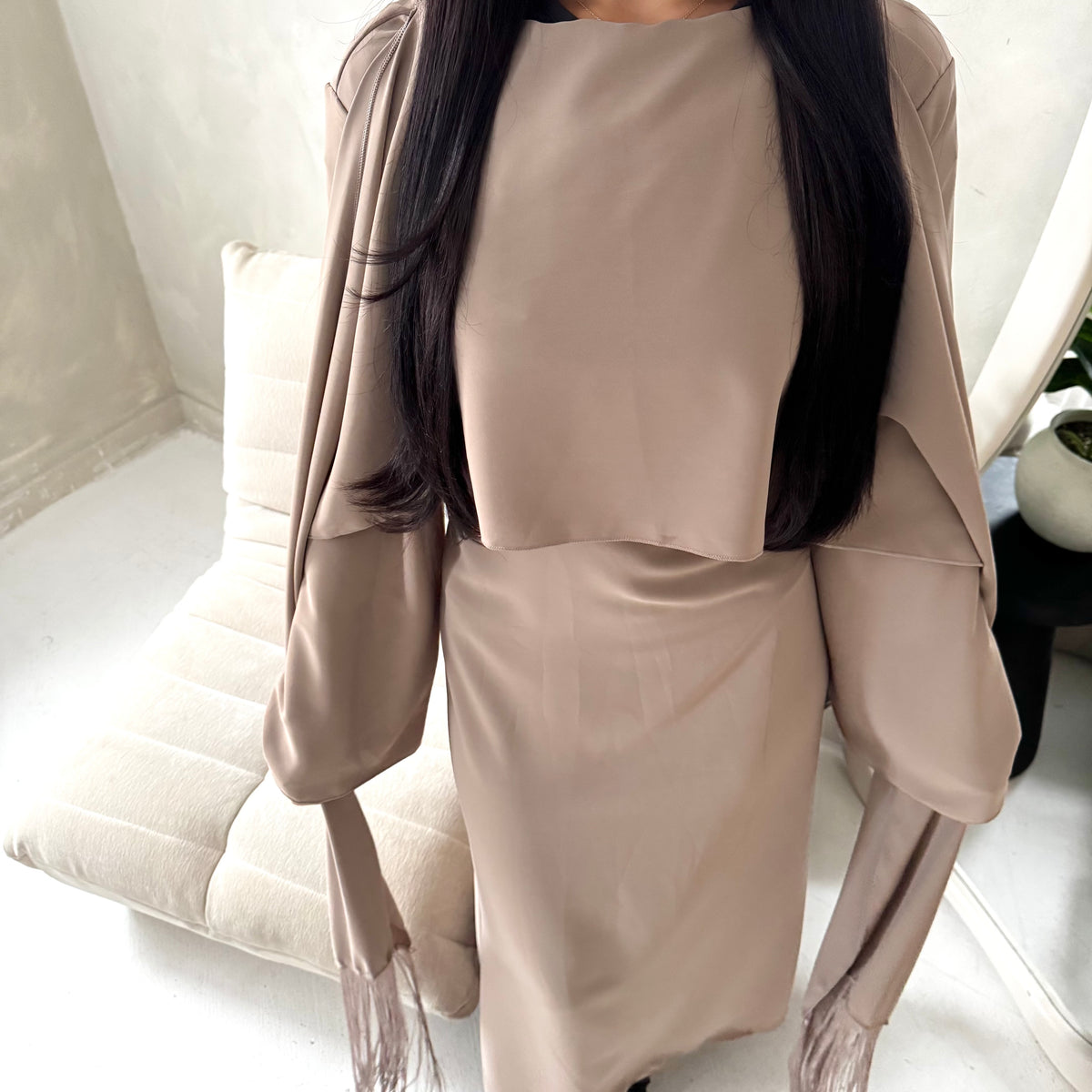 Marli Mocha Tassel Edge Plain Cape Modest Dress