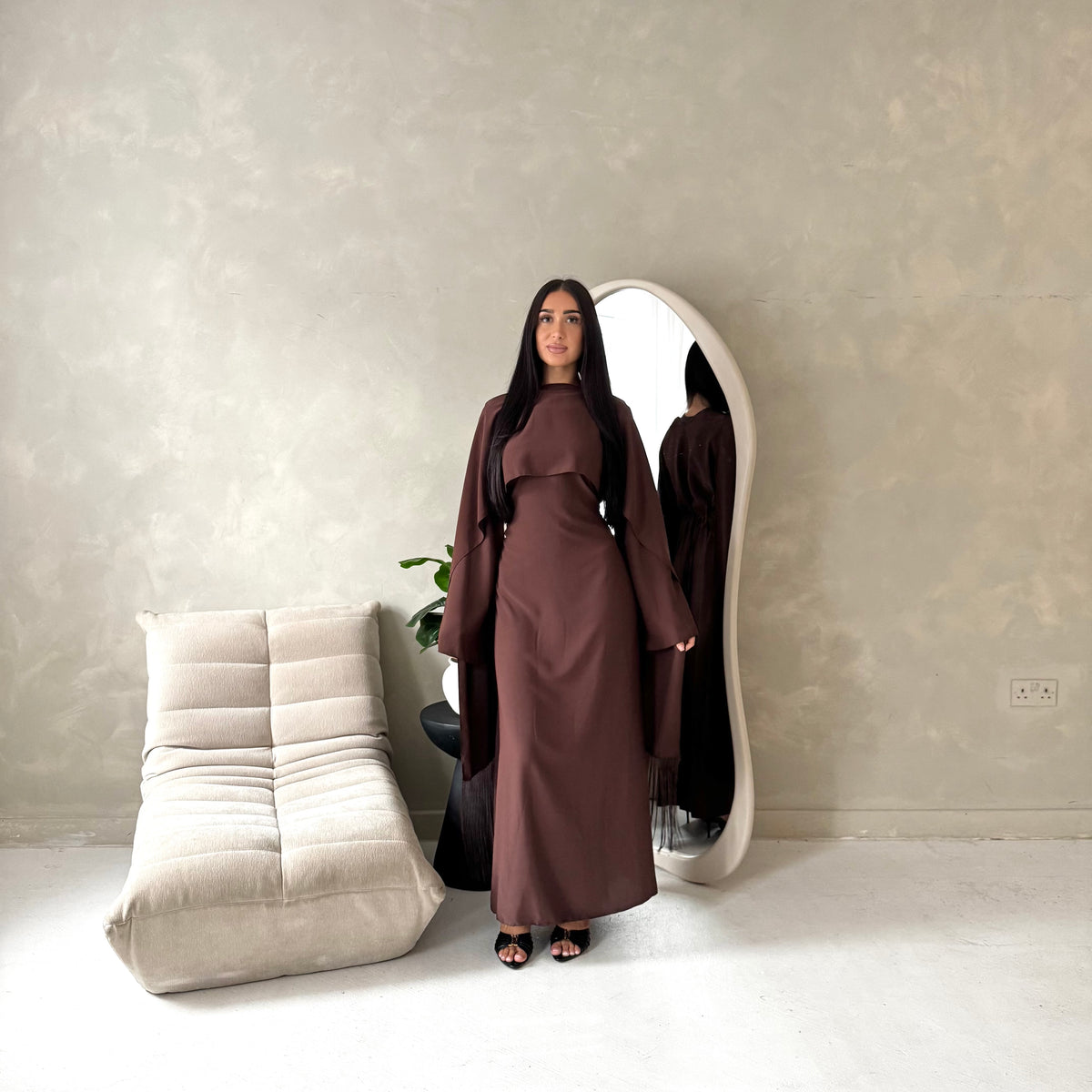 Marli Brown Tassel Edge Plain Cape Modest Dress